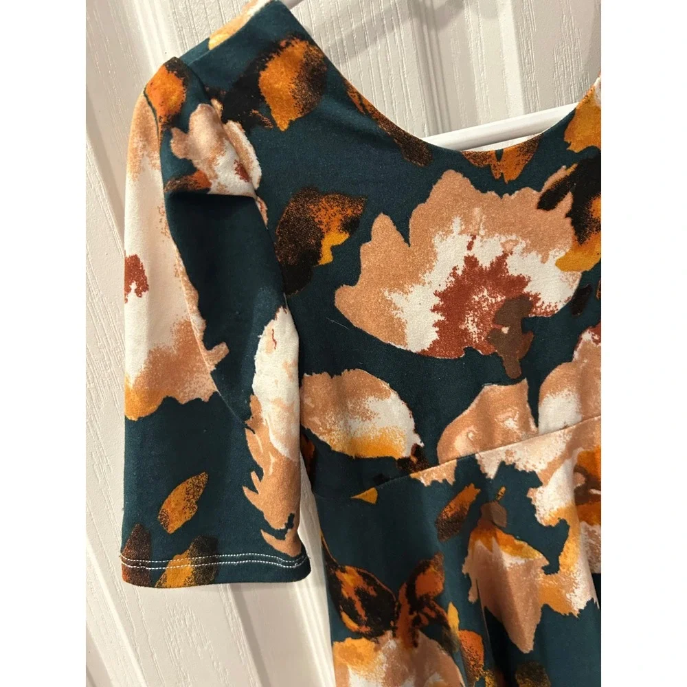 River‎ and Jax Girls Floral Skater Dress Teal Rust Orange Short Sleeve Size 2T